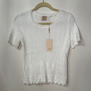 Elie Tahari White Fitted Crochet Short Sleeve Blouse NWT